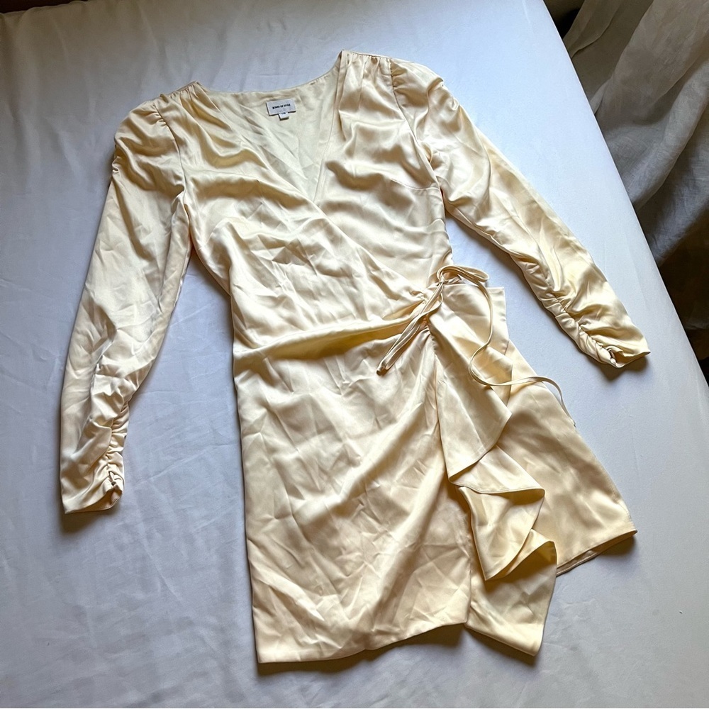 SONG OF STYLE cream yellow satin ruched bodycon ruffle long sleeve mini wrap